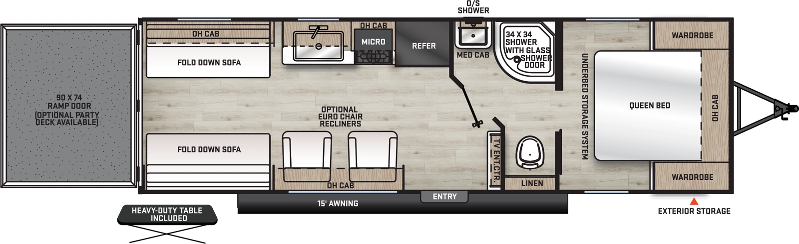 The Aurora 26ATH floorplan is a toy hauler that has one entry and zero slide outs. Exterior features include: metal exterior and 15' awning. Interiors features include: front bedroom and pass through bathroom.